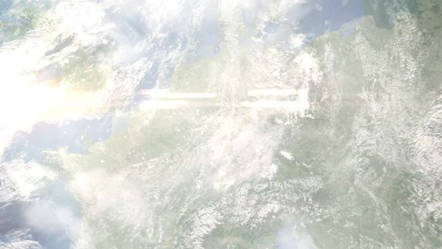 Earth zoom in from outer space to city. Zooming on Giessen, Germany. The animation continues by zoom out through clouds and atmosphere into space. Images from NASA