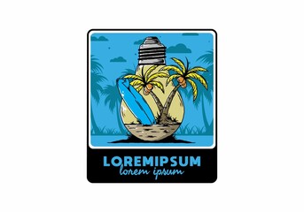 Coconut tree and surfing board in a bulb lamp illustration