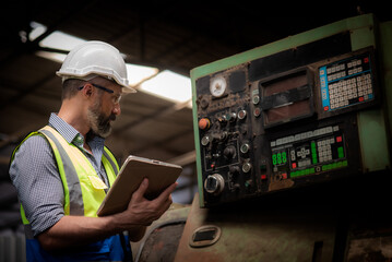 Caucasian male engineer or technician in safety uniform Working and checking the maintenance information online data of the machine in the tablet