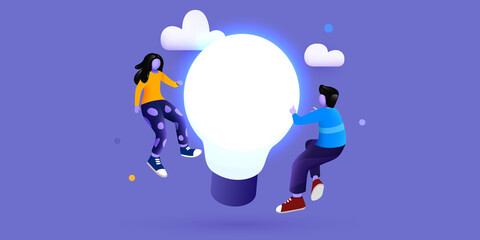 Naklejka premium People fly around lightbulb idea. Innovation, Brainstorming and Creativity concept.