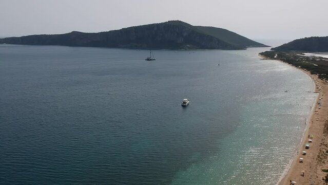Panoramic aerial view over Divari beach near Navarino bay, Gialova. It is one of the best beaches in mediterranean Europe. Beautiful lagoon near Voidokilia from a high point of view, Messinia, Greece