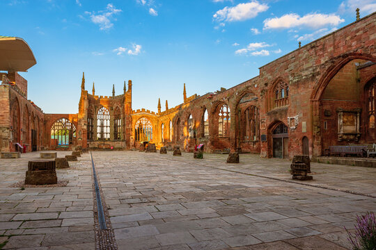 Coventry, United Kingdom. June 21, 2022. Low angle view of the interior of Coventry Cathedral ruins in England