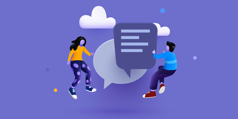 Small people flying around chat bubble. Talking couple. Online messenger or contacts sign concept.