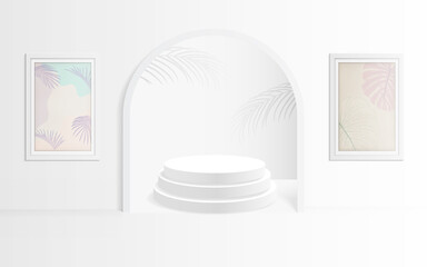 White product display podium on white wall