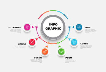 Obraz premium Infographics and marketing icons, design circles. Used to create workflows, charts, web design presentations. Business concept with 6 options, stages of the process, multicoloured. Vector illustration