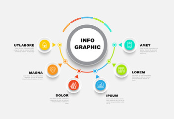 Business icons design in circles. Infographics, marketing. Used to create workflows, diagrams web design presentations.Business concept with 6 options, process stages multicolored. Vector illustration