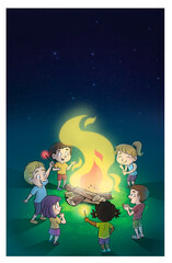 Ilustración de niños alrededor de una hoguera en la noche - obrazy, fototapety, plakaty