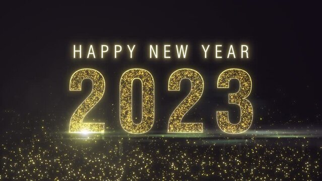 Spectacular Happy New Year 2023 golden glow particle loop animation with bokeh. Modern shimmering endless animation welcoming the new year. Holiday banner concept for eve, or party