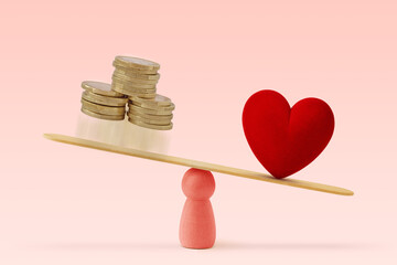 Money and heart on scale on pink background - Concept of woman and love priority over money in life