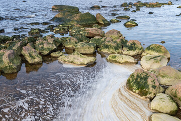 Wet granite stones with algae lay in a shallow water of Baltic Sea