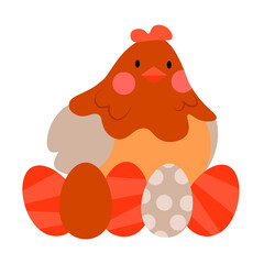 Brown hen with colorful eggs