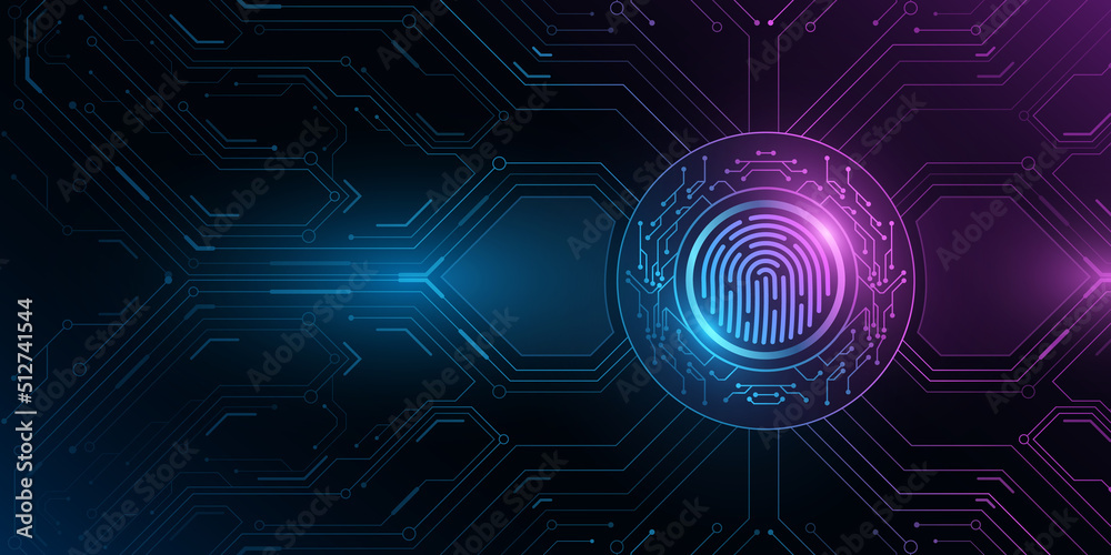 Poster Modern fingerprint scan with glowing computer circuit board. Biometric data security. Dashboard display. Futuristic button. Big data. Touch screen panel. Vector illustration