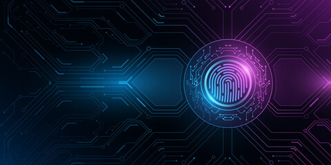 Modern fingerprint scan with glowing computer circuit board. Biometric data security. Dashboard display. Futuristic button. Big data. Touch screen panel. Vector illustration