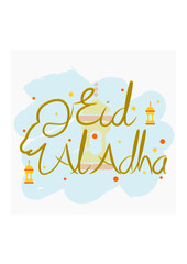 Editable Eid Al-Adha Hand Lettering with Head of Goat and Lanterns Vector Illustration for Artwork Elements of Islamic Holy Festival Design Concept