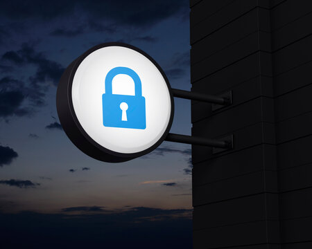 Padlock flat icon on hanging black rounded signboard over sunset sky, Technology internet security and safety online concept, 3D rendering