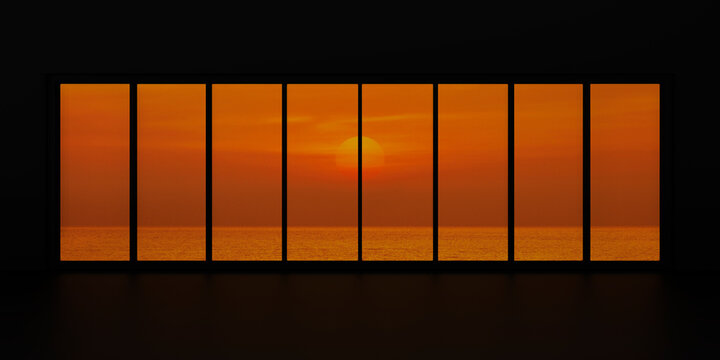 Empty black room with window over sunset sky and sea, 3D Rendering
