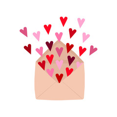 Craft envelope with hearts. Festive heart confetti. Valentine's day vector illustration for design.