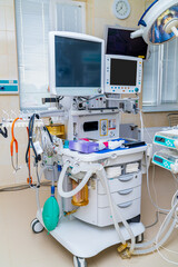 Close up view of hospital emergency equipment. Modern surgery interior room.