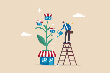 Growing business or expand shop, entrepreneur to start business building company, raising or develop success plan concept, businessman company leader watering shop growing plant with new shop blooming - obrazy, fototapety, plakaty