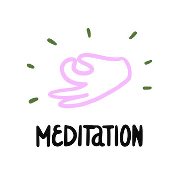 Meditation doodle image of hand with mudra. Cute vector image for poster, icon.