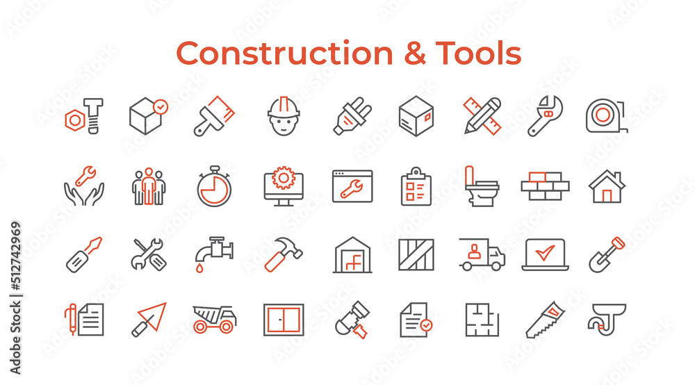 Wall mural construction and tools line icons