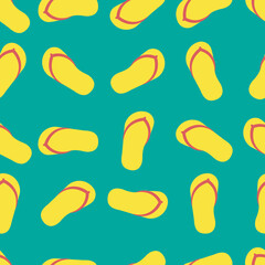Flipflops on the colorful summer pattern. Seamless repeat background. vector flat illustration.