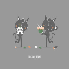 happy halloween holiday festival with cute black cat and skull and eyeball cupcake, flat vector illustration cartoon character design