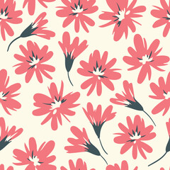 Fototapeta na wymiar Seamless floral pattern, retro style ditsy print with decorative flowers head. Liberty botanical background with small pink flowers, artistic hand drawn buds on a light field. Vector illustration.