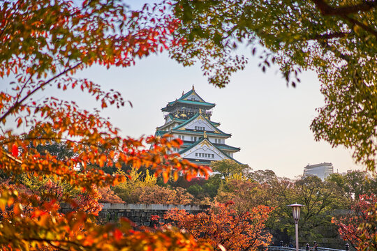 Osaka Castle Park At Autumn Sunset