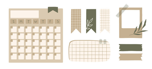 Set of Cute Scrapbook paper note and printable elements. To do list and Weekly journal planner template. Simple memo sticker. Vector illustration