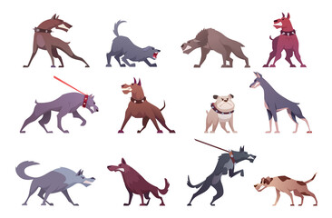 Angry dogs. Mad zombie animals aggressive action poses of dogs sharp teeth exact vector cartoon illustrations