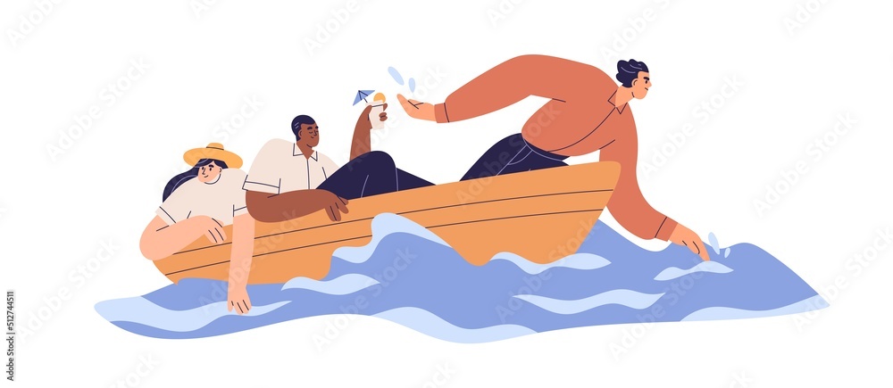 Poster Business people in boat. Unfair work distribution, exploitation concept. Bad inefficient team with man employee working hard and lazy colleagues. Flat vector illustration isolated on white background