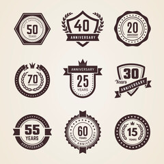 Anniversary badges. Celebration dates numbers emblems in vintage style recent vector anniversary templates - obrazy, fototapety, plakaty