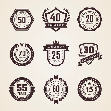 Anniversary badges. Celebration dates numbers emblems in vintage style recent vector anniversary templates