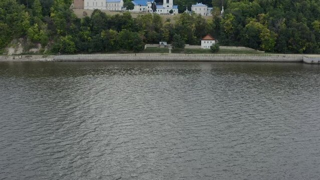 Makaryevsky men Monastery on the banks of the Sviyaga and the Volga River. Christianity and Orthodoxy. A picturesque peaceful place on the water. Forest hills. Pilgrimage and Diocese. Drone footage. 