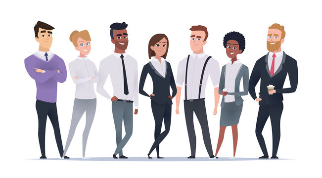 Business multinational team. Working managers in casual clothes ethnic characters in office exact vector cartoon illustrations