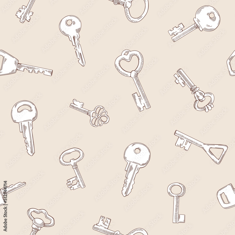 Aufkleber Seamless engraved pattern with old and modern door keys. Endless background with outlined repeating print in retro style. Etched hand-drawn texture design. Printable vector illustration for wrapping