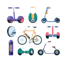 Electro transport. Urban segway hoverboard monowheel and gyro scooter garish vector pictures illustrations set