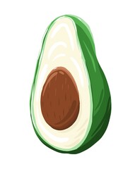 Half of avocado with pit in cartoon style. Organic fruit