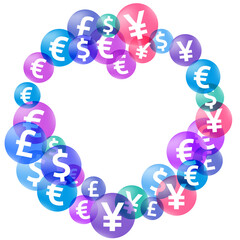 Euro dollar pound yen circle icons scatter currency vector design. Trading pattern. Currency