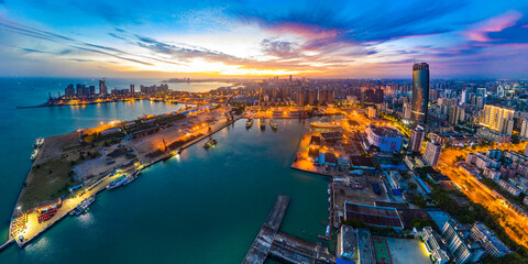 Haikou Port Panoramic Aerial View during Sunrise, the Main Transportation Hub for Haikou City, Hainan Free Trade Zone of China.