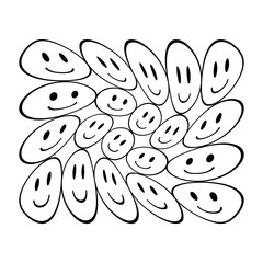 Funny melted distorted outline smile face. Psychedelic groovy trippy retro graphic print. Positive y2k trendy black and white vector illustration. smiley emoji, acid high, hypnosis concept of 70s, 80s