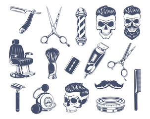Barber shop set. Logos and ads symbols comb brush blade scissors for beard hairstyle exact vector monochrome emblems - obrazy, fototapety, plakaty