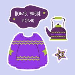 Home, sweet home. Cute vector autumn collection. Autumn sticker set sweater, teapot, cup. Warm season set. Cozy season. Purple set autumn sweater, teapot, star

