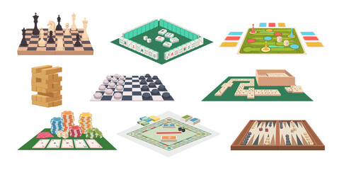 Board games. Family playful occupation domino cards mahjong chess exact vector illustrations in cartoon style © ONYXprj