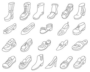 Women shoes. Variety of shoes available for women. Editable outline.