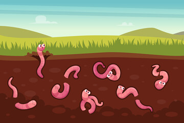 Worms in ground. Sliced view for a ground with creeping crawlers in action poses exact vector cartoon background