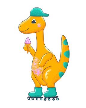 Funny dino with roller skates and ice cream. Vector kids illustration