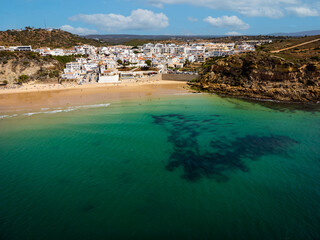 Panoramic view from the Burgau beach on the Lagos region into the Algarve. Portugal