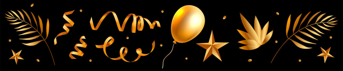 Vector set of realistic style golden curled ribbon with air balloon, star, palm tree leaf on black color background. Creative holiday design of golden element